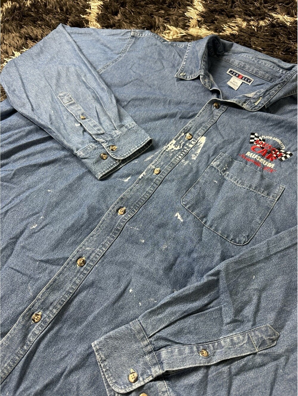 Vintage Jerzees Muscle Car Museum Denim Button Shirt Mens 3XL Distressed Paint